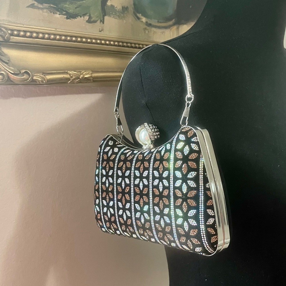 New handmade bedazzled metal clutch bag for women black silver gold rhinestones